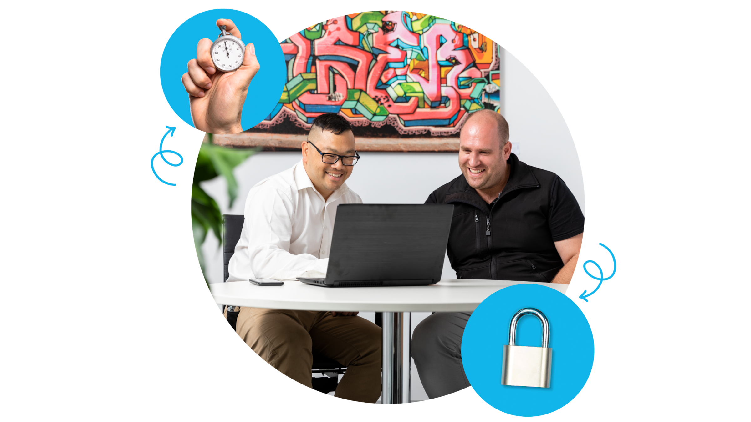 Two men sitting behind a laptop. A stopwatch and padlock icon are in the upper and lower corners.